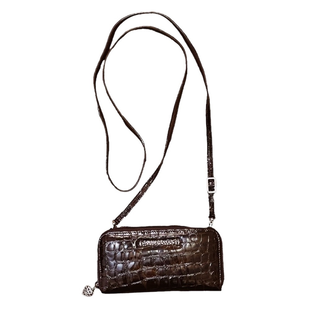 Brighton Brown Croc Embossed Patent Leather Zip Around Wallet With Crossbody